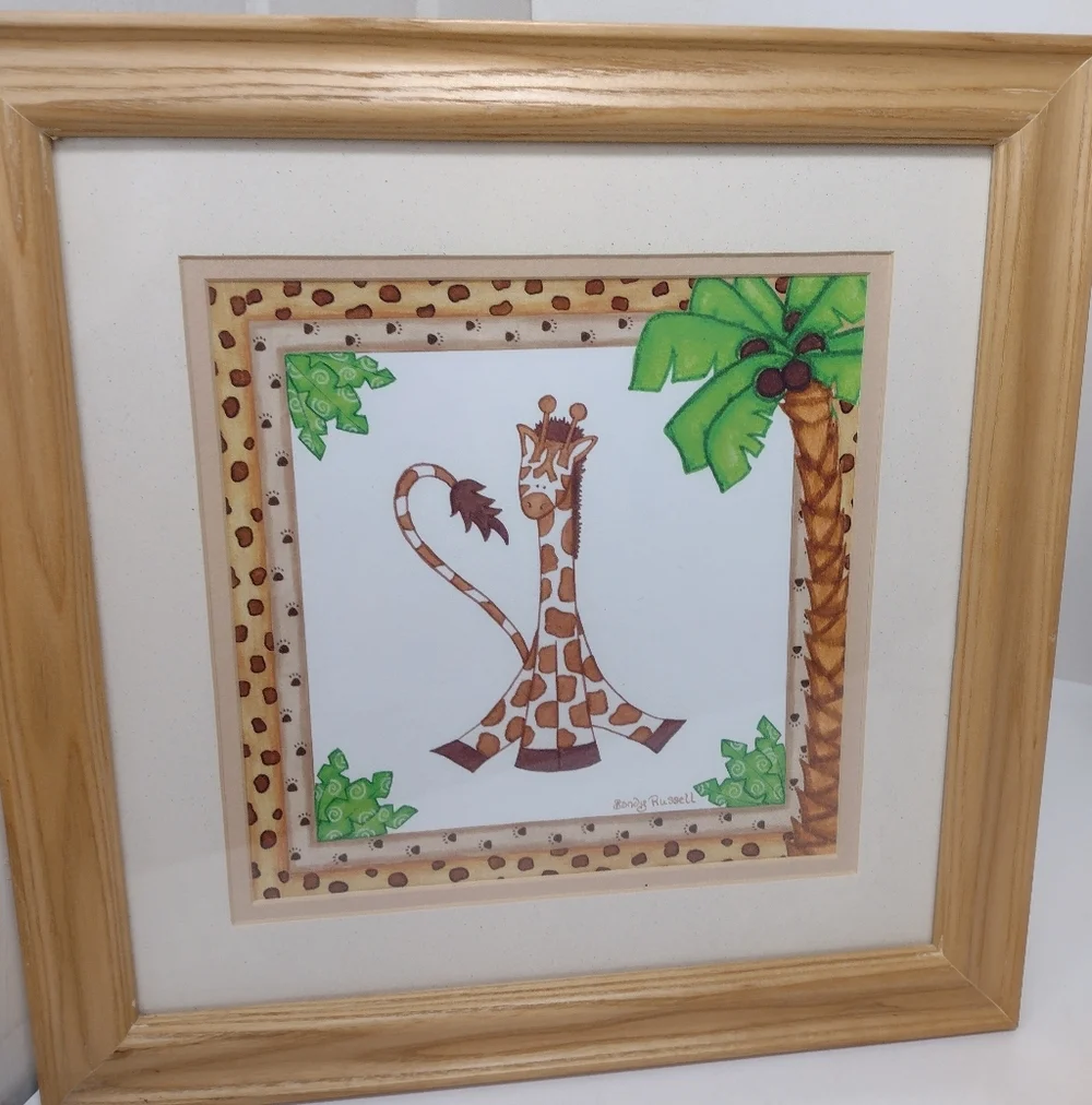 Sandy Russell Whimsical Zebra & Giraffe Framed Art Set - Green, Black, Brown. Se